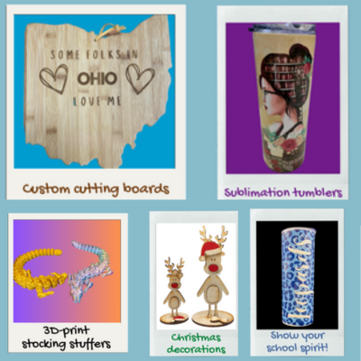 Make custom gifts with our laser engravers, 3D printers, sublimation printer, and more!