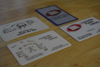 Five generations of Louisville Libray Cards are shown.